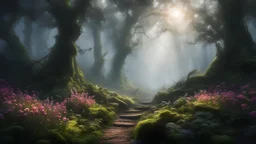 (best quality:1.5), (intricate emotional details:1.5), (sharpen details), (ultra detailed), (cinematic lighting), magical woods, unexplained lights, fantasy, otherworldy, mist, atmospheric, flowers, plants,