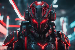 Cyber Machine in 4k realistic cg artstyle, Angel Warrior them, neon red details, full body, apocalypse, intricate details, highly detailed, high details, detailed portrait, masterpiece,ultra detailed,best quality