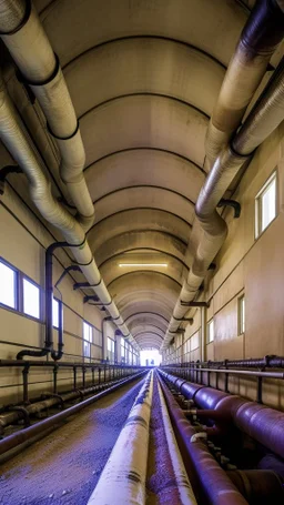 a complex tangle of pipes, joints, vortices of pipes, taps, drain pipes, like a kaleidoscopic tunnel