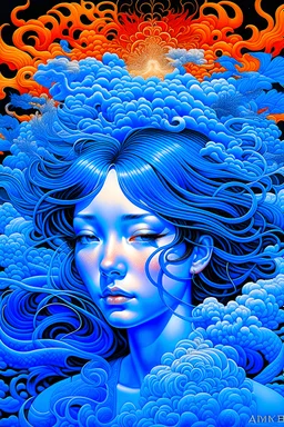Ukiyo-e Style James Jean, Cicely Mary Barker, Anime Mysterious Strange Fantastic Surreal Sci-Fi Fantasy Mask of Flesh and Flesh, All Things, Rubbing Feathers, He Who Bears the Name of Human, Carve Twin Lotuses on the Wall of Blue Fire, of the Great Fire Waiting for the abyss in the distant sky, detailed, high resolution definition quality masterpiece