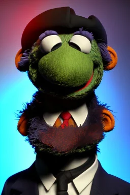 Waist up muppet Portrait, Xi Jinping as muppet doll, Black suit, photo studio, blue background, unreal engine 5, concept art, art station, god lights, ray tracing, RTX, lumen lighting, ultra detail, volumetric lighting, 3d.