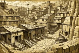 A sepia underground mining village with minecarts painted by Diego Rivera