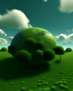 The image depicts a small, grassy round planet with trees and clouds.