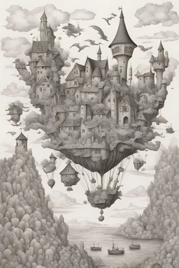 Intricate ink drawing of a medieval village on a flying rocky island, whimsical sea creatures, steam punk, surreal, black and white, fine lines, highly detailed, image centered on the page with negative space around it