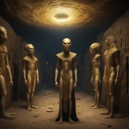 Hyper Realistic aliens inside Egyptian catacombs with lots of gold at dark night