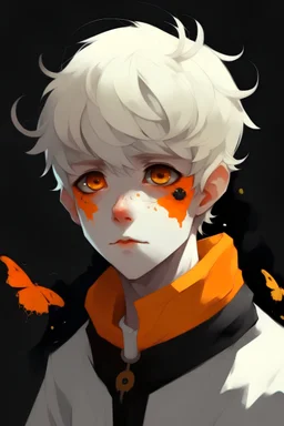 Animated moth boy,pale skin and messy,white hair with orange bangs,has orange colored eyes with black sclera,big orange moth wings