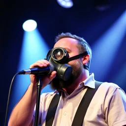 en skäggig man som försöker sjunga med en gasmask på en scen, gasmasker