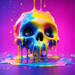 ((gooey melting skull)), 3d animation style, whimsical fluid form, ((dripping)), yellow, blue, pink goop drizzle, adorable and cute, photorealistic cg, 3D concept art, colour gradient background, playful, soft smooth lighting, highly detailed, stylised and expressive, sharp, wildly imaginative, skottie young, bold, neon graffiti, (pop surrealism), multi coloured coloured sprinkles, pop candy toppings , smooth texture, cgsociety, Maya render, ray tracing, studio light, magical