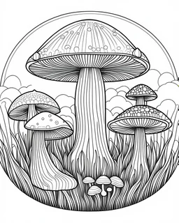 mushroom world minimalistic landscape. line art, background, vector, svg, coloring book page style, black outline on white background