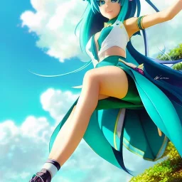 Anime art of beautiful Hatsune miku with beautifel legs by artgerm, ross tran, magali villeneuve, Greg Rutkowski, Gil Elvgren, Alberto Vargas, Earl Moran,, Art Frahm, Enoch Bolles