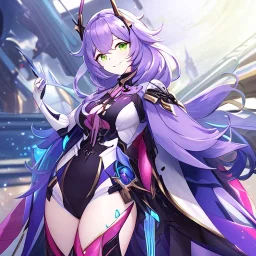 Clear focus,High resolution,High quality, Smiling, Purple long fluffy hair, Green eyes, Wearing a pink mech uniform, Honkai Impact Star Rail