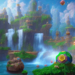 New Land by super mario 3d land with waterfalls, 3d, high detail, symbols, 4k, ray traing, render, future punk, steam punk, magic in blue colors, no other place