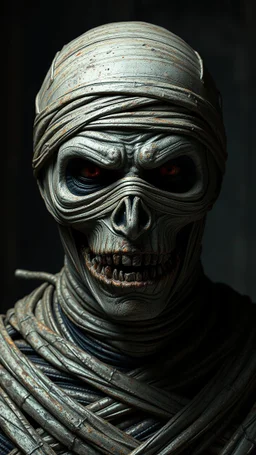 Busch painting style nightmare, a front view of the mummy by his face skin is a rusted broken metallic skin texture in a 3d rendering full-height image of a grim and dark scene. Ensure the final images exhibit the utmost quality, encompassing 4K, 8K, and 64K resolutions, with 3D rendering that manifests in photorealistic, hyperrealistic, and highly detailed representations. Employ techniques such as HDR, UHD,