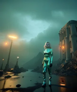 Ultra Realistic retro sci-fi scene, portrait, 2 blonde woman clones, sweet young Marilyn Monroe face, perfect iris, tight latex coat, helmet, Strange planet background. Spaceship, fog, rain, soft color, highly detailed, unreal engine 5, ray tracing, RTX, lumen lighting, ultra detail, volumetric lighting, 3d, finely drawn, high definition, high resolution.