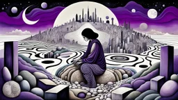 inner world ,a nonbinary human figure crouched in the middle of a multi-layered thick amorphous block of stone consisting of several layers, around weird whimsical landscape city in the distance, pale eyes, pale hands faint human figures, dark purple, gray, black, white, brown. Whimsical style of Chagall , of Minjae Lee and Anton Semenov, lonely with absurd broken land, neuron network background, surreal vibe