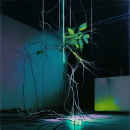 Minimal abstract oil painting of a neon plant in concrete warehouse brutalist architecture and hanging wires illuminated at night. With triadic colours. In the style of Justin Mortimer and Phil Hale, Ashley Wood