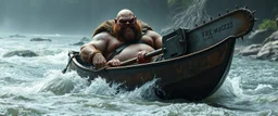 ancient bald fat ogre troll machete sitting relaxed in huge massive kayak in rapid stream, smacking fish with big metal chain saw oar with spikes