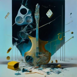 Abstract painting formed by a mix of human flesh-like surgical instruments and universe-like musical instruments,neuralink,minimalism,Painting By Adrian Ghenie, Rene Magritte, Salvador Dali, Lucian Freud