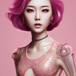  pink short hair leaning pose latex suit realistic body full body portrait high lighting intricate detail Asian woman