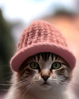 A cat wearing pink woolen weaving cap, Vivid, HD, Hi-Res, Neon lights amazing effect on face, realistic, vivid color, Hi-Res, HD, , Highly Focused, , 8k