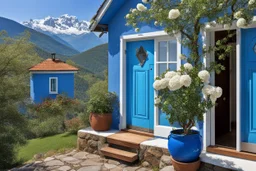 Blue paint house, tree with white flowers(leaves) in front, blue door, plant pots, outdoor nature, blue sky and subtle view of mountains in background