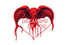 Valentine day card with an illustration of red Lovecraftian Cthulhu inside a heart shape over blank negative space, text "DREAMING OF YOU" in a bleeding font, professionally made luxury Halmark Card