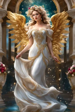 Photography realistic Beautiful Angel wearing a magical gown of swirly flowing marble water gold filigree curlicues, flowering flowers, bloom, sparkle, ornamental gilt, diamonds, rubies, emeralds, sapphires, beautiful, delicate, intricate, elegant, graceful, shiny, Hyperrealism, Rococo, expressive, spherical, zoom out, volumetric lighting