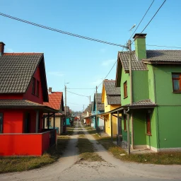 Fotografia di strada random assurda e falsa orripilante Moldavia Transnistria Adighezia weirdcore dai colori vivaci. Non luogo falso, inusuale. Max Ernst. Le case sono false e dipinte di chiaro con cose stilizzate e dettagli. Ci sono strane. , che danno un senso distopico e molto surreale, disposte in modo casuale. L'atmosfera generale sembra noiosa e onirica, con un contrasto tra elementi reali ed elementi dipinti falsi, René Magritte