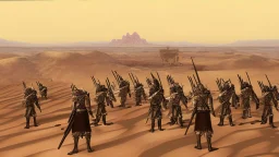 desert, highly detailed, comic style warriors from behind, in the background far away a city