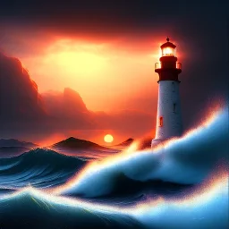 Fantasy, light house, lighting, surreal, waves crashing below, 8k, sunset, sketch