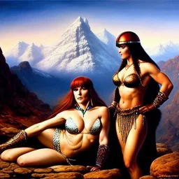 portrait of 'Conan and Red sonja',snow,mountains,horned helmet,ancient armor,painting by Earl Norem, simon Bisley,frazetta evan lee, Vallejo,kelly oil on canvas, cinematic composition, extreme detail,fit full head inside picture,8k