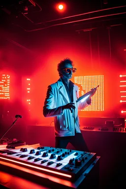 French cool synth player, he is called "Jean-Maurice Brûlée" performing at dance club, his name is "Jean-Maurice Brûlée" , white and orange Neon lights and orange smog, and "URANIUM" big sign on the wall, he is playing on synthesizers on stage with lot of laser beams and wearing black sunglasses, an earth is projected in background