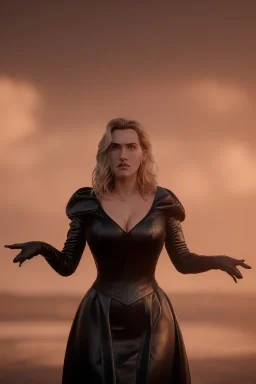 Kate Winslet as evil queen in black leather gown, cleavage, angry, stern look unreal 5, octane render,cinema4d, dynamic lighting, dramatic lighting, 4k, redshift render, highly detailed, hyper realistic