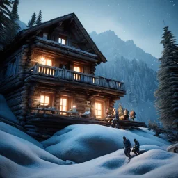 Five people inside a mountain hut, sense of fear, Alps, night, 8k, HD, cinematography, photorealistic, Cinematic, Color Grading, Ultra-Wide Angle, Depth of Field, hyper-detailed, beautifully color-coded, insane details, intricate details, beautifully color graded, Cinematic, Color Grading, Editorial Photography, Depth of Field, DOF, Tilt Blur, White Balance, 32k, Super-Resolution, Megapixel, ProPhoto RGB, VR, Halfrear Lighting, Backlight, Natural Lighting, Incandes