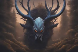 Venom Shadow symbiote in 8k realistic anime drawing style, Deer skull, non-eyes, blue neon crystal Antlers, dark snow forest, intricate details, highly detailed, high details, detailed portrait, masterpiece,ultra detailed, ultra quality