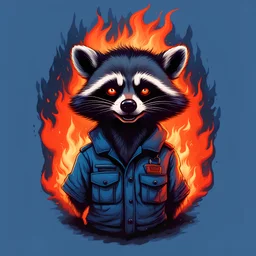 Evil Raccoon, burning in hell, in army, blue fire, most realistic, atmospheric, hesh, retro style, t-shirt design, detailed character, minimalist background, logotip