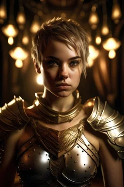 portrait of a beautiful young female warrior princess, short messy ashen hair, pale eyes, dressed in a revealing ornamented light plate armor, standing in a tavern, realistic, dim torch lighting, pale skin, petite, cinematic lighting, highly detailed face, very high resolution