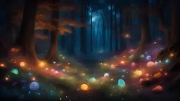 dream world, vast enormous warm forest, tiny multicoloured gemstones, twinkling lights, calm beauty, fantasy world, magic, night, darkness, splendor, uplifting, inspiring, therapeutic, chiaroscuro, color, award-winning colour photograph, beautiful composition, Nikon 35mm