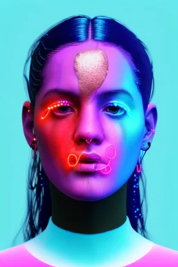 Ultra Realistic image, Rosalía artist, waist up portrait, black eye line, sweet angry face , gold, blue, pop style, pink spray line make up, geometric, led lights, neon, rings piercing, led ornament, fog, bubble latex coat, vibrant color, highly detailed, art stations, concept art, smooth, unreal engine 5, god rays, ray tracing, RTX, lumen lighting, ultra detail, volumetric lighting, 3d, finely drawn, high definition, high resolution.