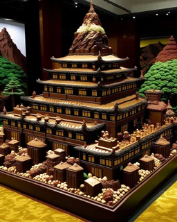 A dark brown Japanese palace on a mountain made out of gingerbread painted by Andy Warhol