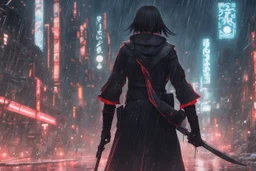 Itachi Uchiha in 8k nier automata artstyle, Uchiha Custom, neon effect, close picture, rain, fantasy world, intricate details, highly detailed, high details, detailed portrait, masterpiece,ultra detailed, ultra quality