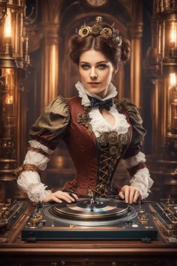 Front view Photography Ultra Realistic HD Natural Beauty Steampunk classic Victorian woman as dj player, chromatic aberrations, establishing shot, tilt-shift effect