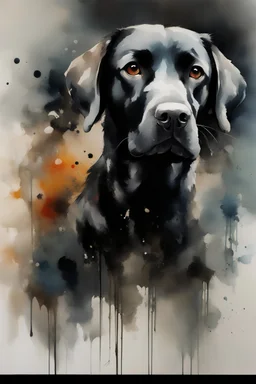 A portrait of black Labrador by Willem Haenraets, watercolor, wet on wet and splattering techniques, centered, perfect composition, abstraction, surrealism