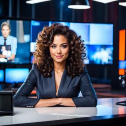 amodern tv studio a beautiful girl perfect face curly hair in official clothing sitting next to desk presenting news looking at camera, with picture of an old man in tv screen at background