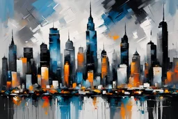 abstract oil painting: city skyline buildings, gray-black-white-blue colors New York. artistic style, Afremov, by Kal Gajoum style, by Drek Gores