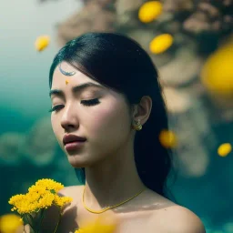 Pelin Batu underwater with yellow flowers for hair, closed eyes, rtx, reflection, 8k, glow, winning photography, caustics