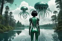 A skinny woman with a black bob hairstyle, in a green and silver robotic suit, standing, looking out over a lake, in an alien forest, with tall narrow cloud trees, with flying dandelion heads with octopus tentacles