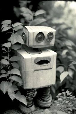 rollerflex photograph 1950s, dusty, robot made from toilet paper and infected with ivy, 4k, f1.2 50mm