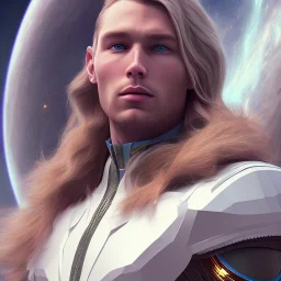 Full body ,Beautiful cosmic man, blue eyes, long blond hair, cosmic suit, galactic backdrop, soft lighting, hyper realistic, unreal engine 5, 16k