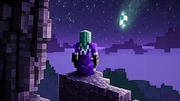 Minecraft Character, minecraft theme, purple starry sky, meditating, facing back, wearing gown, minecraft style, in between two cliffs,